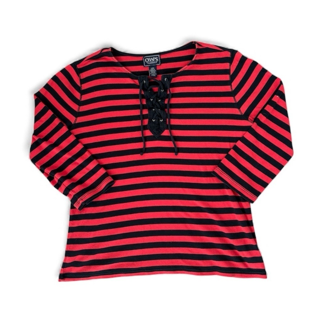 Chaps Classic Striped Red Black Laceup Top 100% Cotton